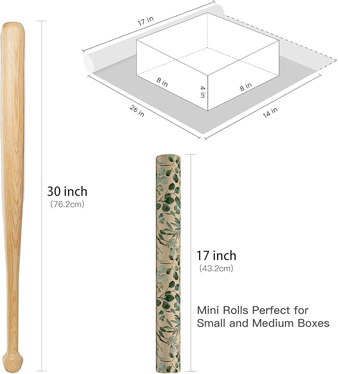 RUSPEPA Eucalyptus Leaf Gift Wrapping Paper, 17 Inches x 32.8 Feet, Mini Roll, Kraft Wrapping Paper Roll for Women, Spring, Summer, Wedding and Birthday
