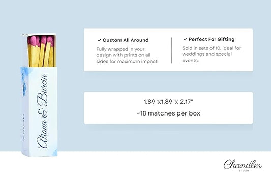 Custom Matchboxes - Set of 10 - Personalized - 2" Inch Long - Colorful Matchsticks - Weddings – Wedding Favor - Matchboxes, Custom Matchbox (2" Matchsticks, Wedding Design #3)