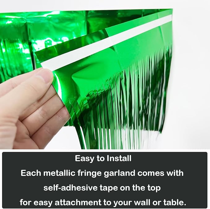 4 Pack Total 40 Feet Green Foil Fringe Garland Metallic Wall Hanging Drapes Tassel Skirting Tinsel Streamers Decorations for Parade Float Trailer Mardi Gras Party Birthday St. Patrick's Day