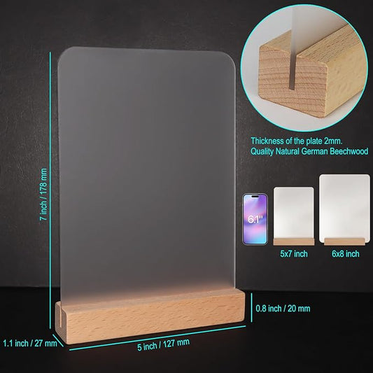 Frosted Blank Rectangle Acrylic Sign with Wooden Stands - 10 Pack DIY Customizable Sign Kit for Wedding Table Numbers, Restaurant Party Bridal Shower (5x7 Inch)
