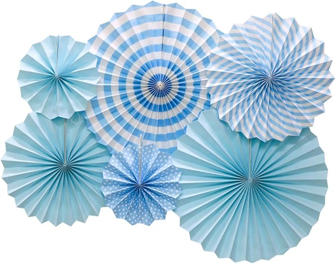 Hanging Paper Fans Party Set, Round Pattern Paper Garlands Decoration for Birthday Baby Boy Shower Graduation Bachelorette, Set of 6 (Blue)