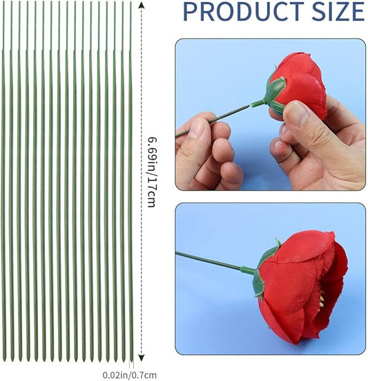 Green Floral Stems - 100pcs Plastic Flower Rods for Bouquets and Arrangements, Ideal for Crafts and Florists (17CM /6.7in)