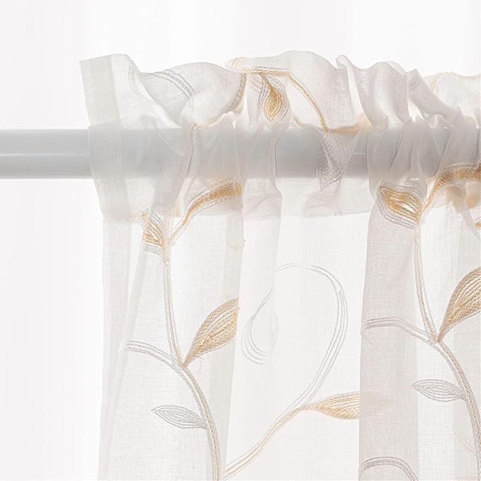 VISIONTEX Sheer Voile Curtains, Decorative Beige Leaves Embroidery Faux Linen Rod Pocket Window Drapes for Home Kitchen, Living Room and Bedroom 54 x 54 Inch, Set of 2 Curtain Panels