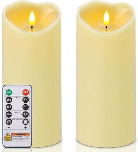 Amagic 4” x 9” Large Outdoor Waterproof Flameless Candles with Remote, Battery Operated Candles with Timer, Flickering Fake LED Pillar Candle for Patio Garden Wedding Decor, Dark Ivory, Set of 2