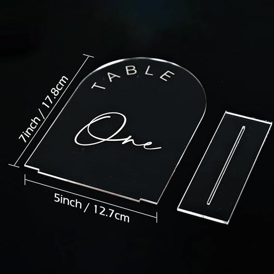 JINMURY Clear Arch Wedding Table Numbers 1-10 with Stands, 5x7 Inch Acrylic Arch Sign with White Lettering, Clear Acrylic Table Numbers for Wedding Reception