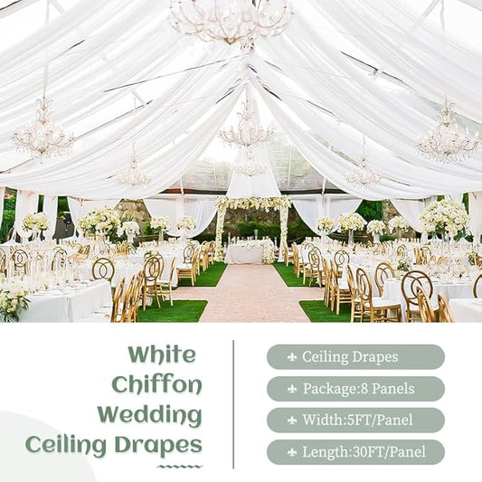 8 Panels White Wedding Ceiling Drapes 5ftx30ft Ceiling Drapes Chiffon Fabric Arch Draping Sheer Curtains Soft Drapery Draping Wedding Ceiling Decorations for Party Ceremony Stage Swag