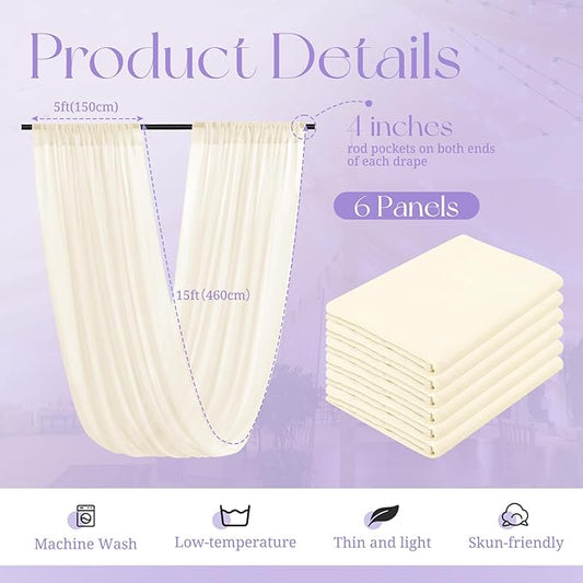 6 Panels Ivory Ceiling Drapes for Wedding, 5ftx15ft Ceiling Drapes Cheesecloth Sheer Fabric Curtain Wedding Arch Draping Fabric Romantic Ceiling Decorations for Weddings Party Ceremony Stage