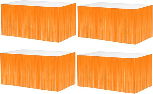 4 Pack 29x108 Inch Metallic Foil Fringe Tinsel Table Skirts for Rectangle Tables Streamer Backdrop for Wedding, Birthday, Parade Floats, Christmas, Halloween Party Decoration(New Orange)