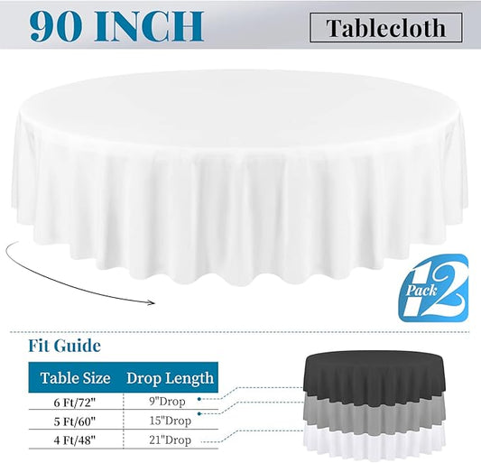 fani 12 Pack 90 Inch Round Tablecloth, White Polyester Tablecloth for Round Table,Washable Fabric Table Cover for Wedding Party Dining Buffet Banquet Restaurant and Camping