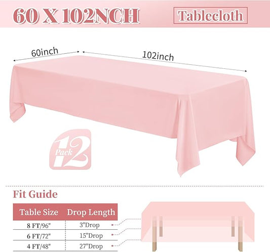 12 Pack 60 x 102 Inch Rectangle Tablecloth Pink Polyester Tablecloth for 6 Feet Rectangle Tables,Washable Fabric Table Cloth for Wedding Dining Table Buffet Parties Camping
