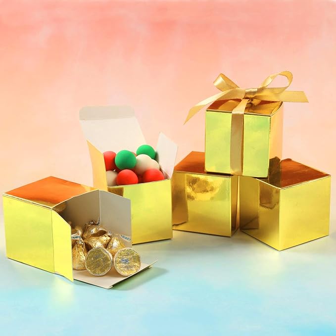 COTOPHER 100pcs Wedding Favor Boxes, Paper Gift Boxes 3x3x3 Inches Small Gift Boxes with Ribbons Small Boxes for Gifts, Crafting, Cupcake, Candy, Bridesmaid Proposal Boxes (Metallic Gold)
