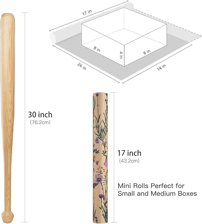 RUSPEPA Wildflower Floral Wrapping Paper Roll for Women, 17 Inches x 16. 4 Feet, Mini Roll, Herbal Kraft Wrapping Paper for Christian Gifts, Birthdays, Weddings, Bridal Shower and Engagement