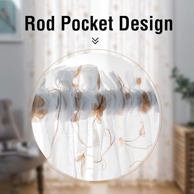 Floral Embroidery Gold Sheer Curtains 84 Inches Long, Rod Pocket Sheer Drapes for Living room, Bedroom, 2 Panels, 52"x84", Semi Crinkle Voile Window Treatments for Yard, Patio, Villa, Parlor.