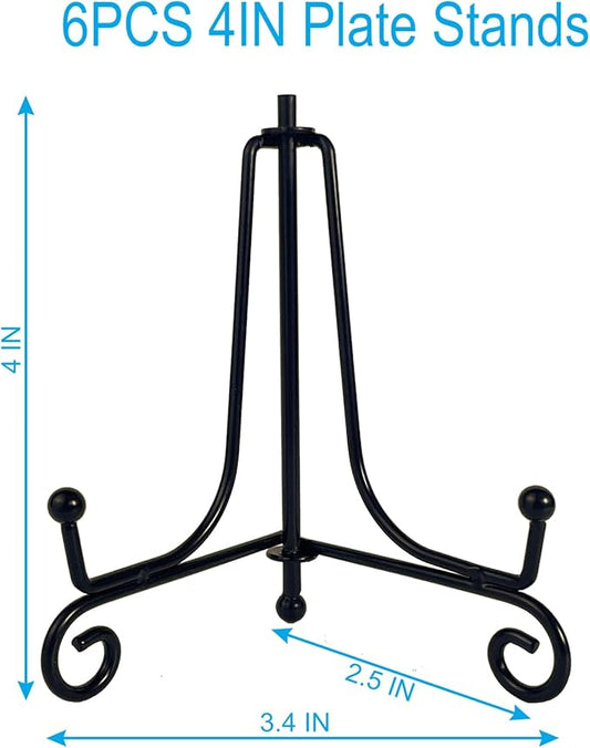 6PCS Premium Black Iron Plate Stands for Display 4 Inch, Decorative Solid Metal Plate Holders for Displaying, Mini Easel, Frame, Book, Card, Plaque, Bowl, Picture Stands for Display
