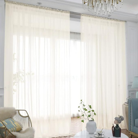 Window Beige Sheer Curtains 90 Inches Long 2 Panels Sheer Curtain Basic Rod Pocket Panel for Bedroom Children Living Room Yard Kitchen (Beige, 52" W x 90" L | 2 pcs)