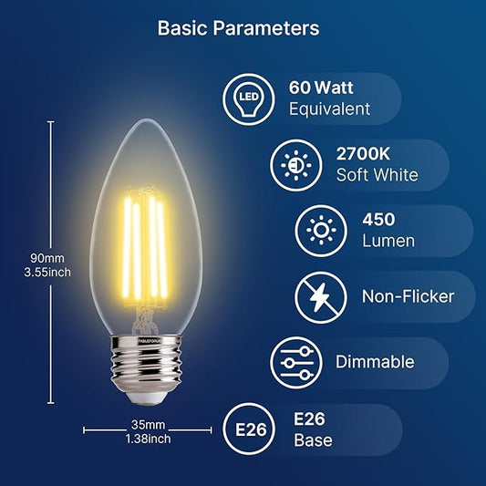 FLSNT Dimmable LED Candelabra Light Bulbs 60W Equivalent E26 Base, B11 LED Chandelier Candle Light Bulbs, 2700K Soft White, 6 Pack UL,CA65 Listed.