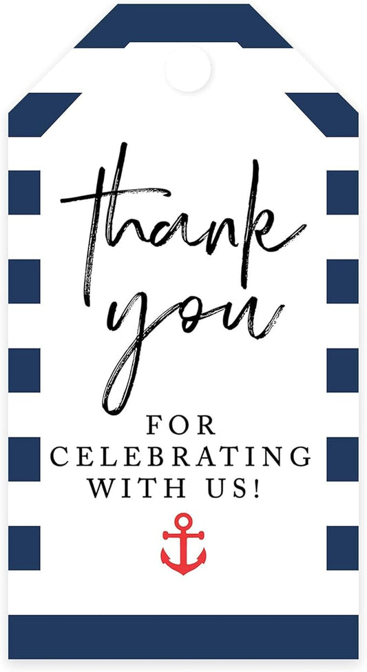 Andaz Press 100-Pack Thank You for Celebrating with Us Favor Tags Nautical Beach Cardstock Gift Tags with Bakers Twine for Wedding Baby Shower Bridal Shower Birthday Party Favors 2 x 3.75-Inches