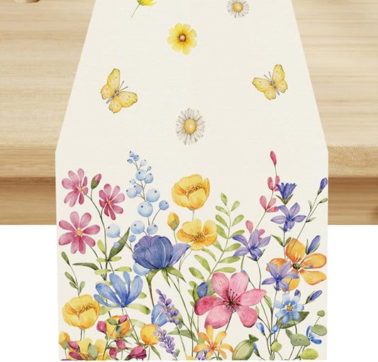 Flower Table Runner, Colorful Watercolor Pink Flower Plants Nature Butterfly Table Runner for Kitchen Dinner Living Room Home Party, 13x90 Inch