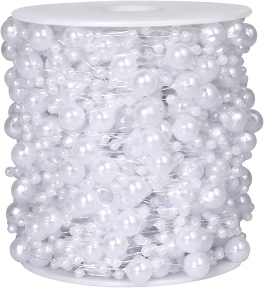 98FT Pearl Beads String Garland, 8mm 3mm White Faux Pearl Beads Roll Strand Bulk for Wedding Party Flower Christmas Decoration DIY Craft