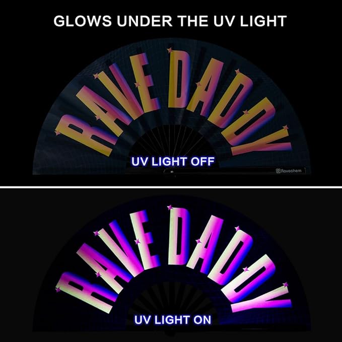 UV Glow Rave Fan, Bamboo Folding Clack Hand Fans Foldable for Men Women, Boots on the Ground Poping Fan for EDM Festival Line Dance Decoration, (Rave Daddy, Large 13")