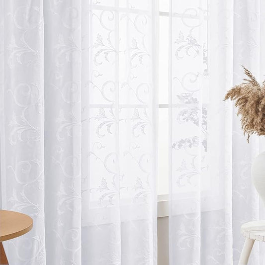 Sheer Curtains White 95 Inches Vintage Embroidered Floral, Window Treatments Rod Pocket Drapes for Living room, Bedroom, Semi Crinkle Voile Curtain Panels for Yard, Villa, Parlor, Set of 2, 52"x95".