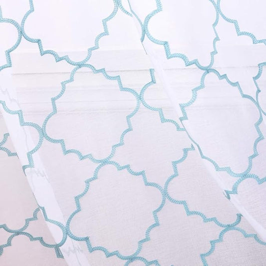Embroidery Sheer Curtains Blue 63 Inch, Rod Pocket Voile Drapes for Living room, Bedroom, Window Treatments Moroccan Embroidery Semi Crinkle Curtain Panels for Yard, Patio, Villa, Set of 2, 52"x 63".