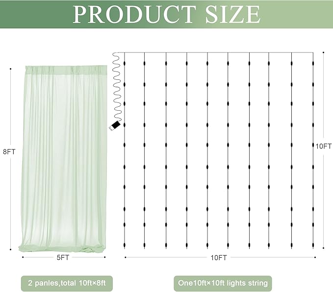 Tulle Backdrop Curtain with Lights String 10FT X 8FT Sage Green Sheer Tulle Backdrop Curtains for Wedding Birthday Party Reception Photo Booth Background Decorations (2 Panels 5x8FT)