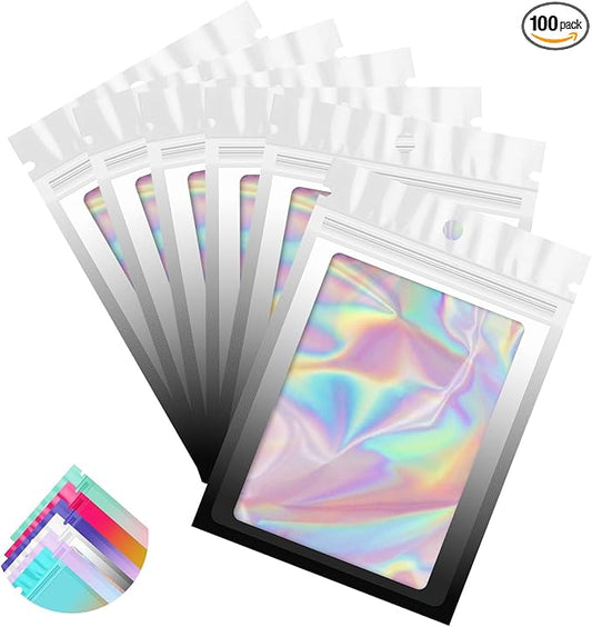 Funfery 100 Pack Gradient Holographic Bags,Resealable Bags with Zipper,Clear Window Packaging Pouchs,Foil Bag for Food Storage,Small Business,Sample Jewelry Bag(3×4.7In,White Black)