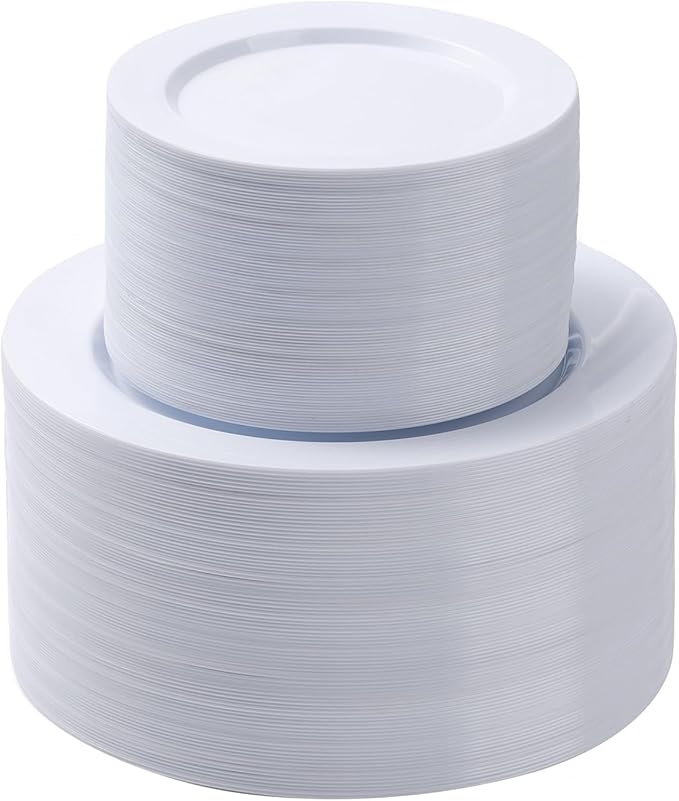 200PCS White Plastic Plates Set, 100 10.25 inch Dinner Plate and 100 7.5 inch Dessert Plates, Premium Disposable Plates for Party, Wedding