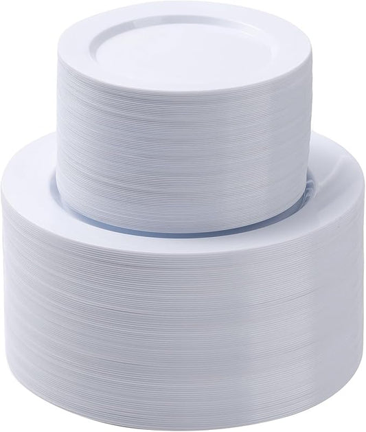 200PCS White Plastic Plates Set, 100 10.25 inch Dinner Plate and 100 7.5 inch Dessert Plates, Premium Disposable Plates for Party, Wedding