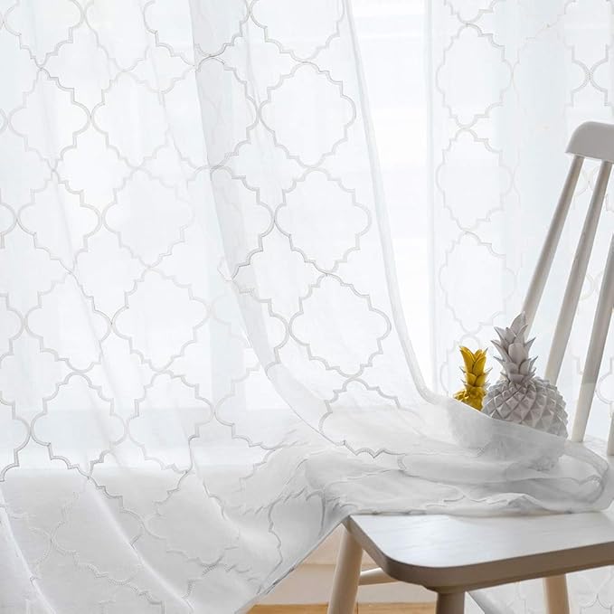 MYSTIC-HOME Sheer Curtains White 95 Inch Length, Rod Pocket Voile Drapes for Living Room, Bedroom, Floral Semi Crinkle Curtain Panels for Yard, Patio, Villa, Set of 2, 52"x 95".
