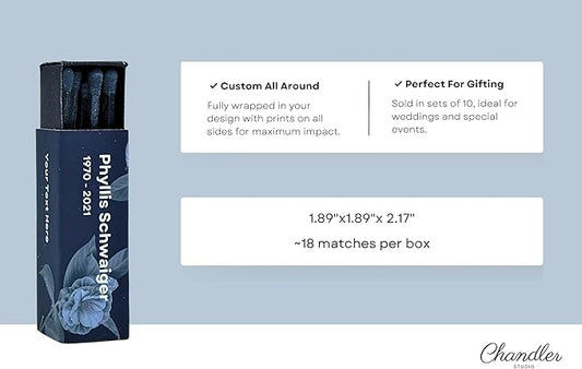 Customizable Funeral Matchboxes – Set of 10 – Memorial Design – Colorful Matchsticks – Perfect for Funeral Services & Remembrance (2" Matchsticks, Remembrance #1)