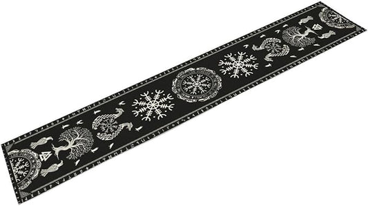 Ancient Abstract Pattern Table Runner, Tree of Life Eagle Dragon Boat Rudder Black and White Table Runner 13x70 Inch