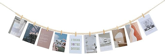 Hanging Photo Display with Clips, Boho Wooden Bead Garland Collage Picture Frame Wall Decor, Photo String with 10 Clips for Bedroom Room Dorm Cubicle Decor, Christmas Teen Girls Gifts