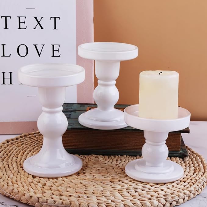 6-Piece Set of White Glass Candlestick, Crystal Candlestick Holder Holder and Conical Candle, Christmas Candle Holder Decoration, Family Living Room Wedding Candle Holder (white2sets)