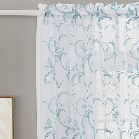 Floral Embroidery Sheer Curtains Blue 45 Inch Length, Vintage Rod Pocket Voile Drapes for Living room, Bedroom, Window Treatments Semi Crinkle Curtain Panels for Villa, Parlor, Set of 2, 52"x 45".