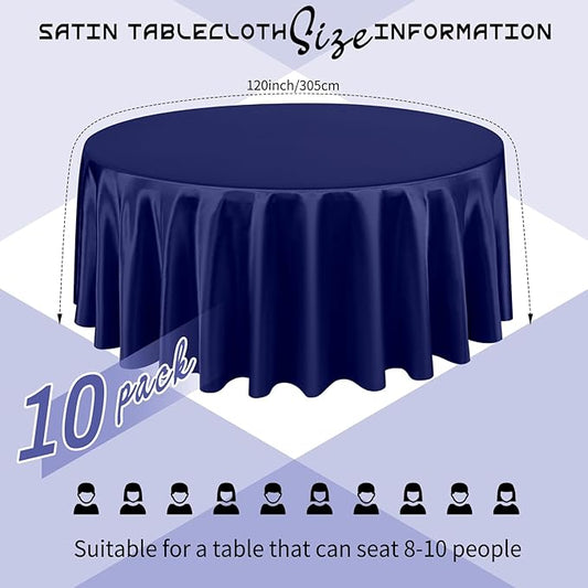 10 Packs Satin Tablecloth 120 Inch Navy Blue Round Table Cloth Silk Tablecloth Smooth Fabric Overlay Satin Table Cover Decoration for Wedding Party Banquet Events