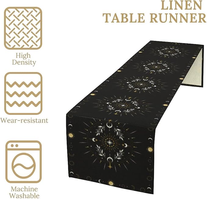 Sun Moon Table Runner - Magical Leaves Mysterious Western Traditional Elements Black White Table Runner for Party Living Room Home Kitchen Dinner - 13x108 Inch