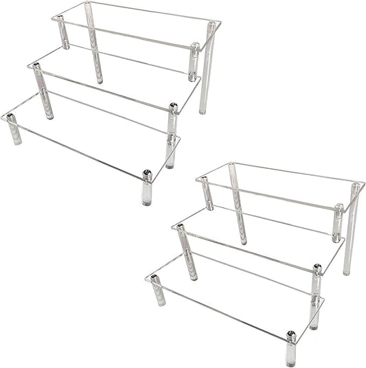 AZEAM 2 Packs Acrylic Display Risers,Clear Display Risers Stand Small Mini Shelf 3 Tiered Cupcake Stand for Food Desserts Stand Perfume Organizer Toys Collections Cosmetic Products Tabletop Use