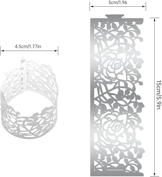 100pcs Disposable Rose Flower Paper Napkin Rings Laser Cut Foil Paper Napkin Holder, Leaf Vine Serviette Rings for Table Decoration,Christmas,Wedding,Party (Silver) (Pack of 2)