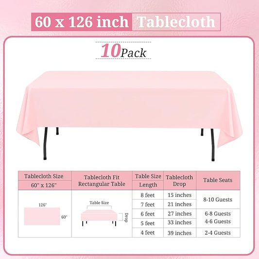 10 Pack Pink Tablecloths for 8ft Rectangle Tables 60 x 126 Inch - Polyester Table Cover Stain and Wrinkle Resistant Washable Fabric Table Clothes for Wedding Party Banquet Reception Restaurant