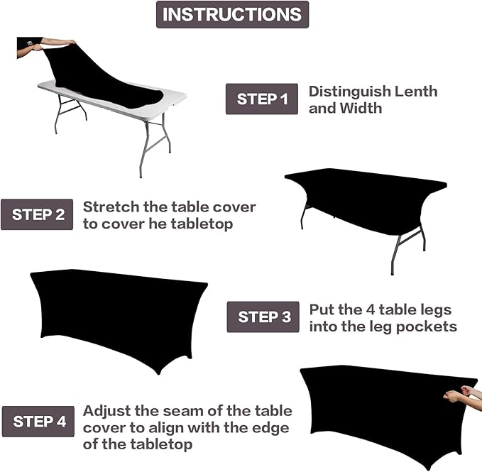 IVAPUPU 4FT Spring Table Cloth for Rectangular Fitted Events Stretch Black Table Covers Washable Cover Spandex Tablecloth Protector for Party, Wedding, Cocktail, Banquet, Festival