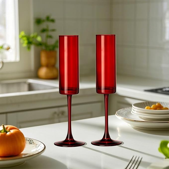 24 Pieces Red Champagne Flutes 6 OZ Straight Sided Wine Glasses Champagne Long Stem Drinking Colored Glasses,Set of 24 Hand Blown Champagne Flutes Goblets for Wedding Cocktail Cups,Cava, Prosecco