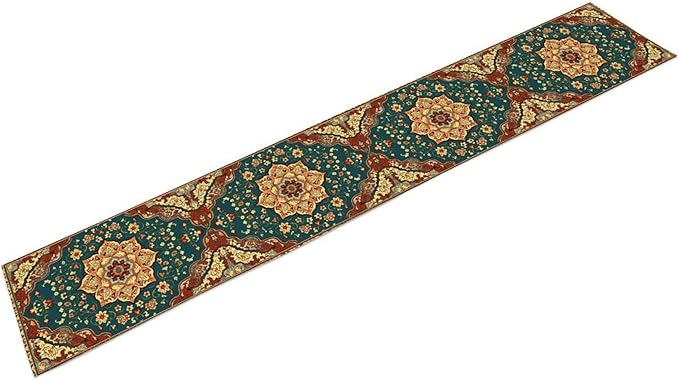 Boho Rich Table Runner, Vintage Blue Teal Gold Retro Flower Rustic Country Style Floral Print Pattern for Home Kitchen Table Decor Dining Coffee Room Garden Party Decor 13x60in