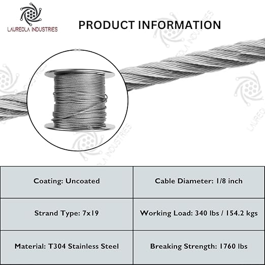 Laureola 1/8" 7x19 Stainless Steel Aircraft Wire Rope 304 Grade (900ft)
