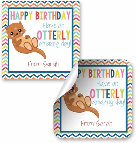 Custom & Personalized Adorable Otter Otterly Amazing Happy Birthday Gift Tag Sticker Labels, 24 2.5" Square Stickers by Amanda Creation