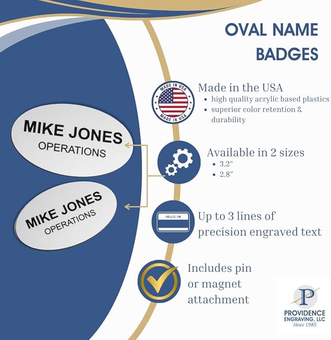 Custom Engraved Name Tag Badges – Personalized Identification with Pin or Magnetic Backing, 3.2 Inch Oval, Silver/Black