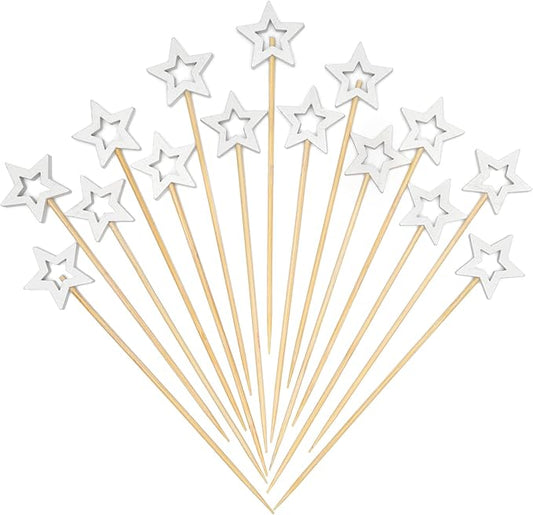 Minisland Big White Star Cocktail Picks, 5.5 Inch Long Bamboo Fancy Toothpicks for Appetizers, Decorative Independence Day Christmas Party Food Drinks Garnish Fruit Skewer Sticks 50 Counts - MSL434
