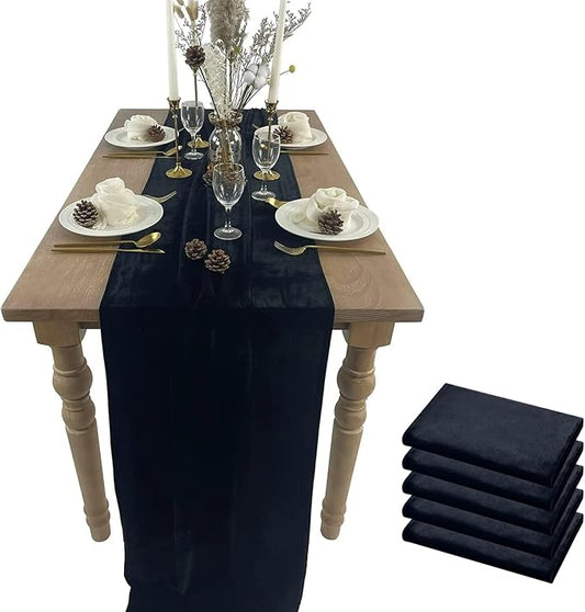 Luxurious Velvet Table Runner, 10ft Wedding Reception Decorations, 20x120inch Soft Velvet Fabric, Table Linen Overlay, Wedding Table Runners (Black, 20X120inch, 5pack)