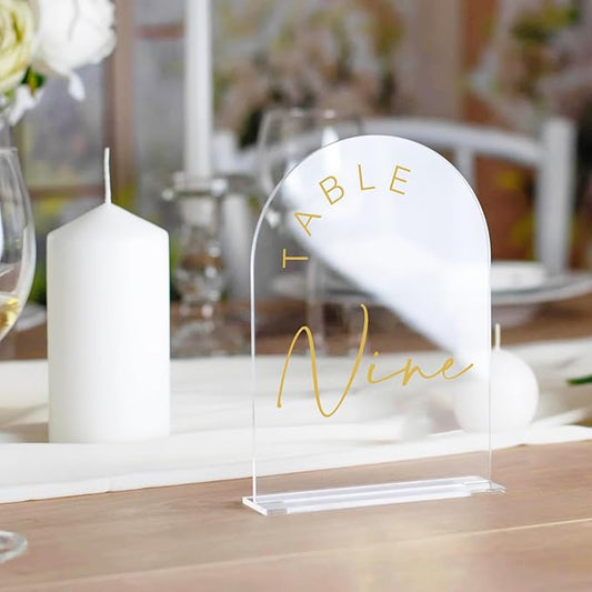 JINMURY Acrylic Arch Table Numbers with Stands, 5x7 Inch Acrylic Arch Sign Table Numbers for Wedding (Clear Gold Font, 1-10)